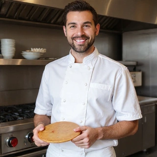 Ritratto di un pizzaiolo sorridente con la pala in mano.